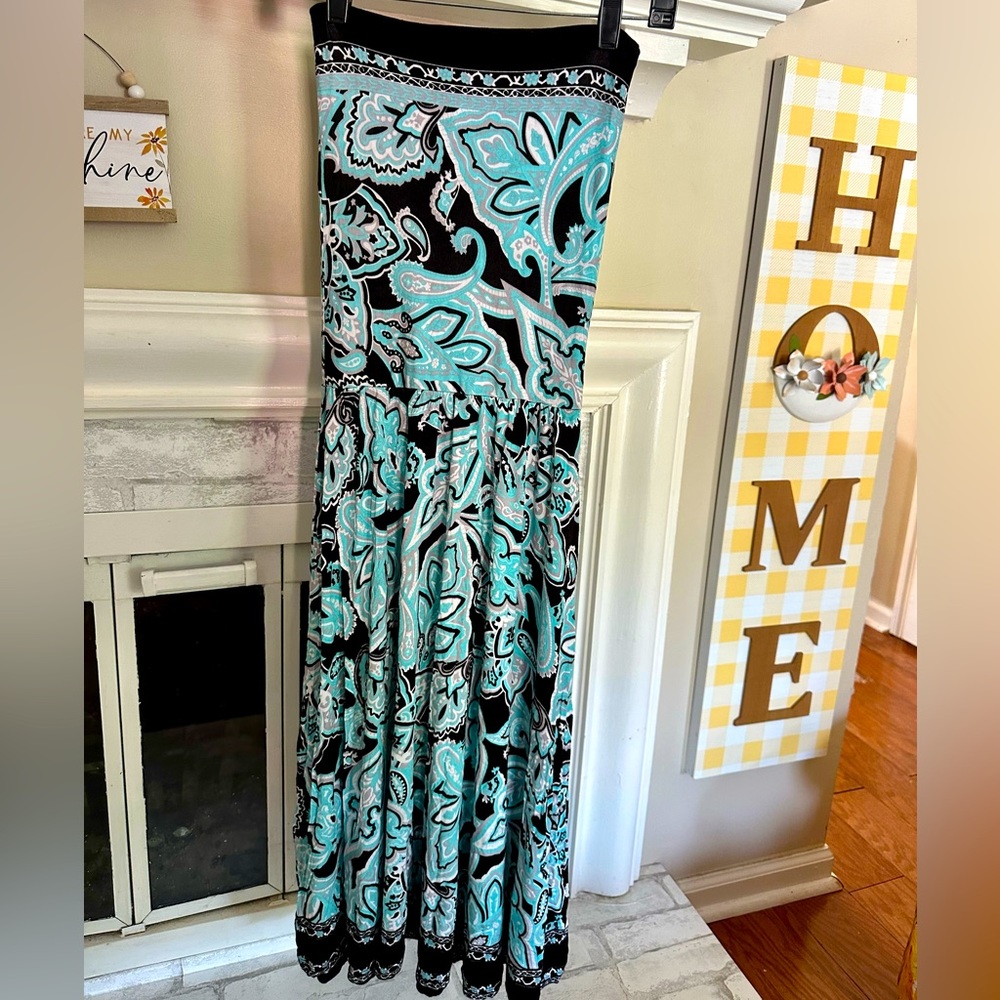 INC Women’s Petite Strapless turquoise and black Paisley Dress